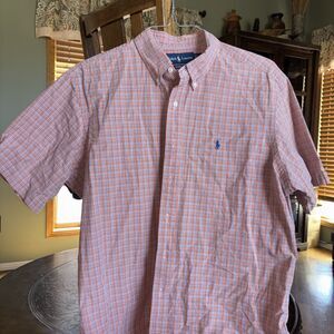 Ralph Lauren Polo Shirt Mens XL Orange Plaid Short Sleeve Button Down Classic